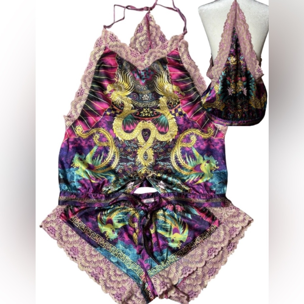 Womens Size L Silky Dragon Print Lingerie Racer Back Lace Trim Cami & Shorts Set